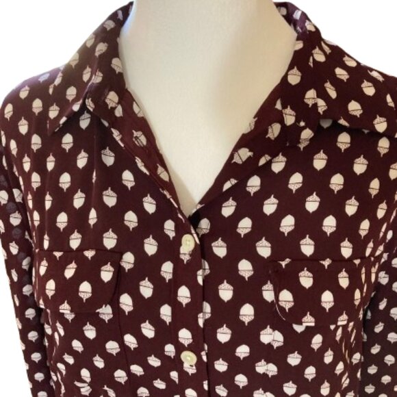Ann Taylor LOFT Acorn Print Button Down Shirt Cranberry, Size Long Torso, Medium - Picture 8 of 14